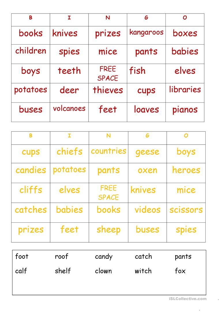 Plurals Bingo Cards - English Esl Worksheets For Distance