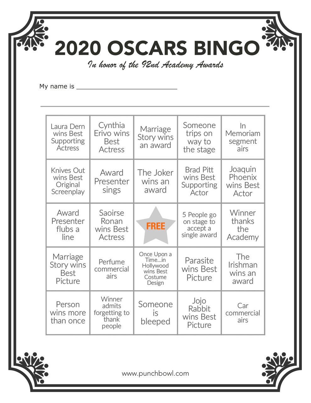Printable Oscars Bingo