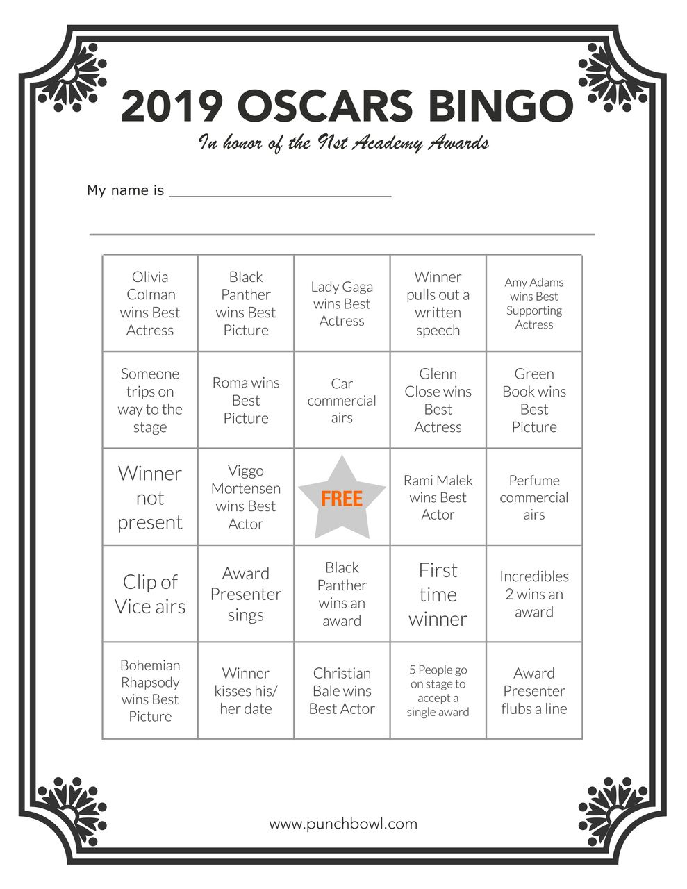 Printable Oscars Bingo In 2020 | Bingo, Bingo Cards, Oscar Games