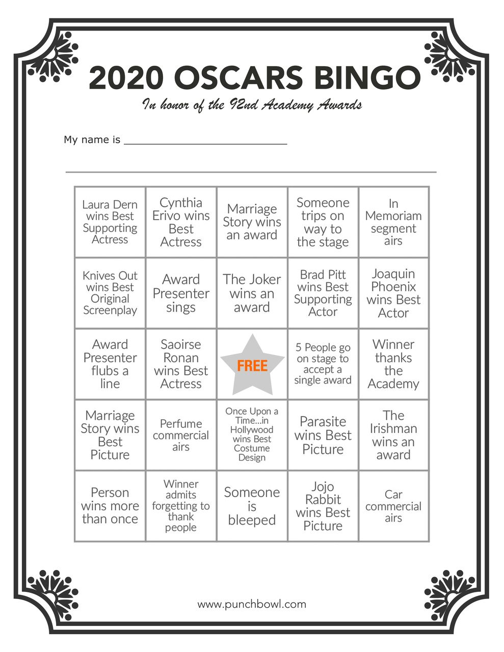 Printable Oscars Bingo In 2020 | Oscar Games