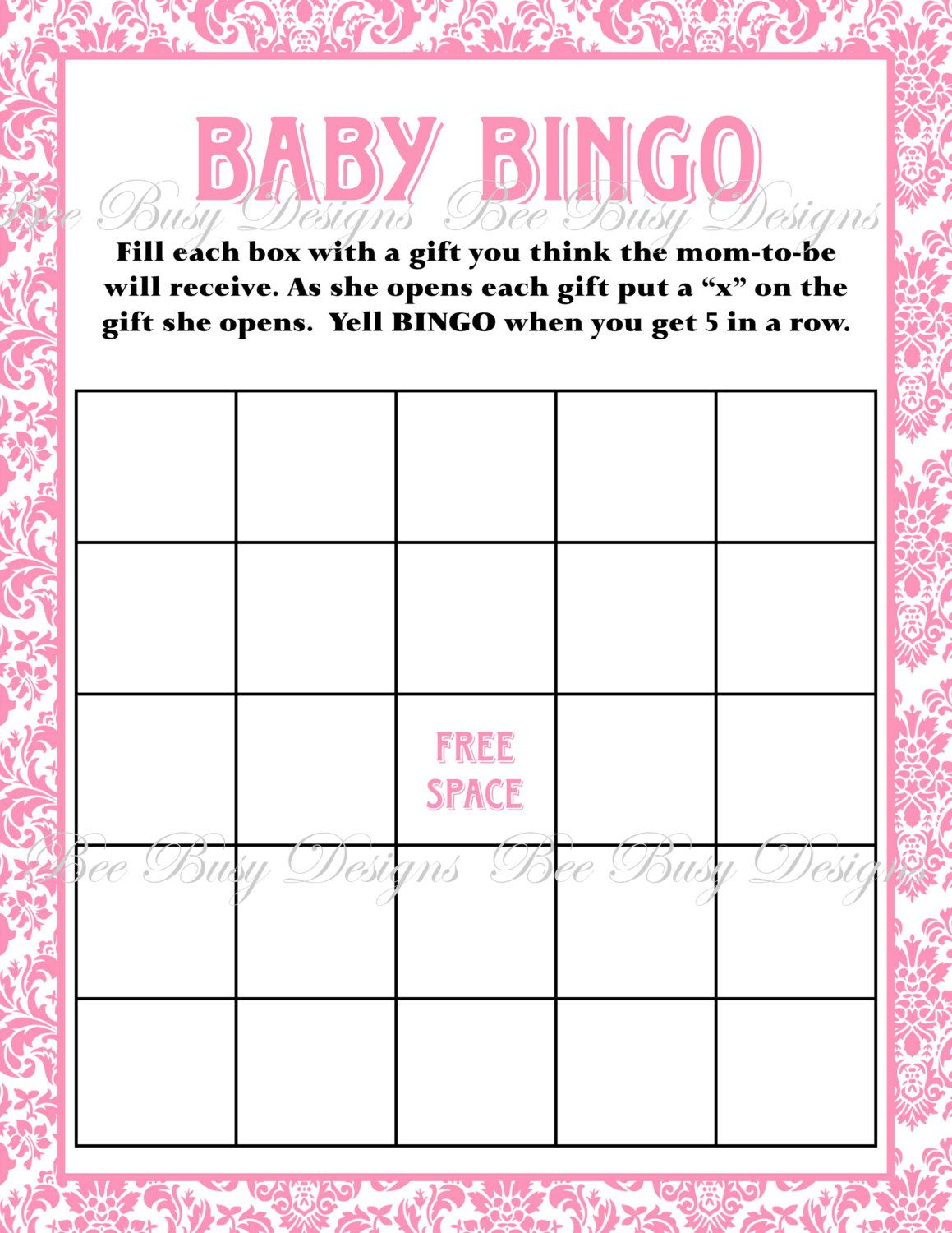 Printable Pink Damask Baby Shower Bingo Game Instant