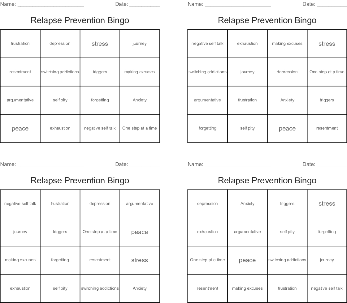Relapse Prevention Bingo - Wordmint