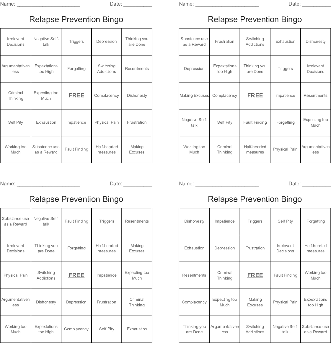 Relapse Prevention Bingo - Wordmint