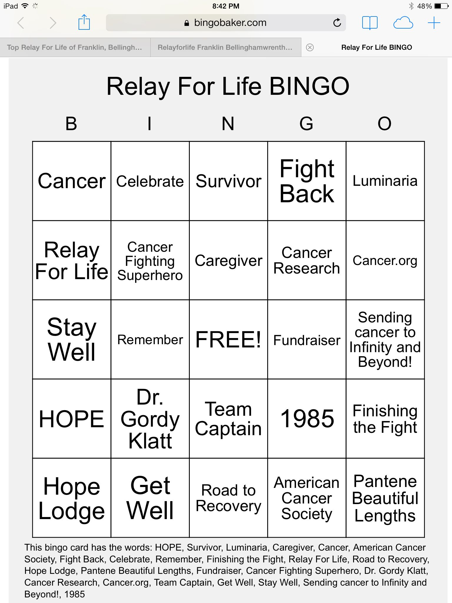 Relay For Life Bingo. Made With Relay For Life And American