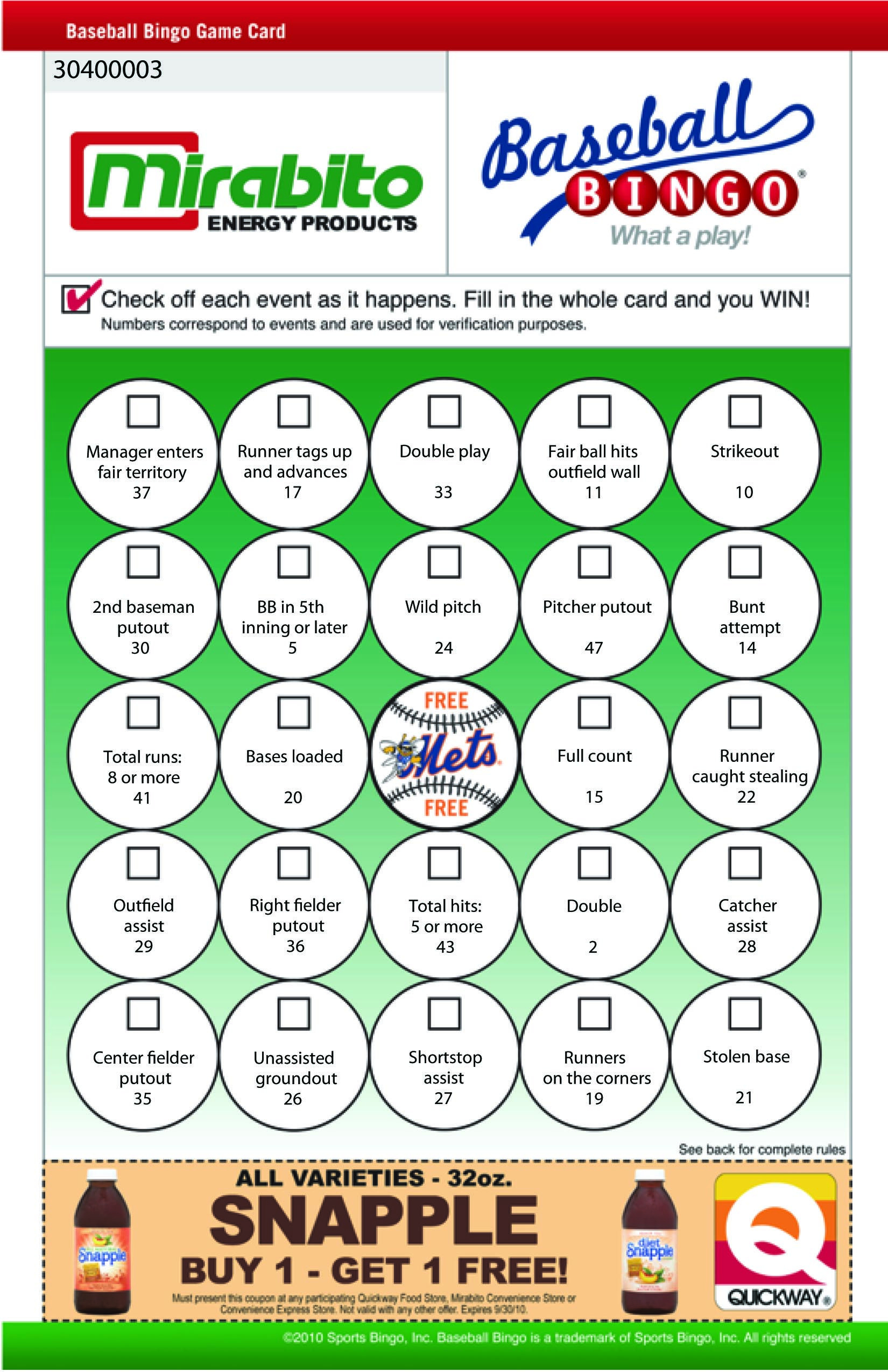 Sideline Sports - Baseball Bingo (Copyright 2014) Http