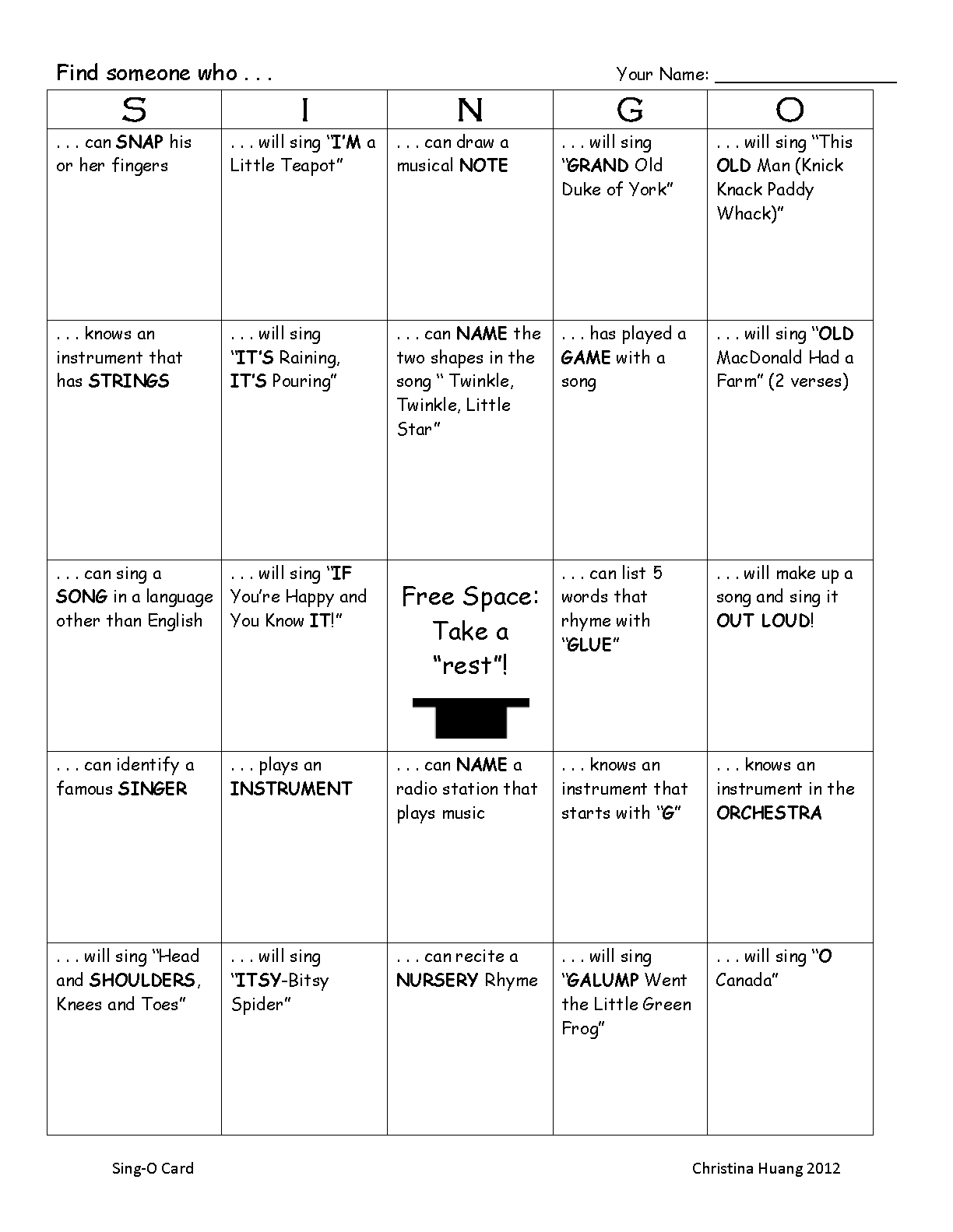 Sing-O Cards - Music Bingo! Whole Group Game: Make On Large