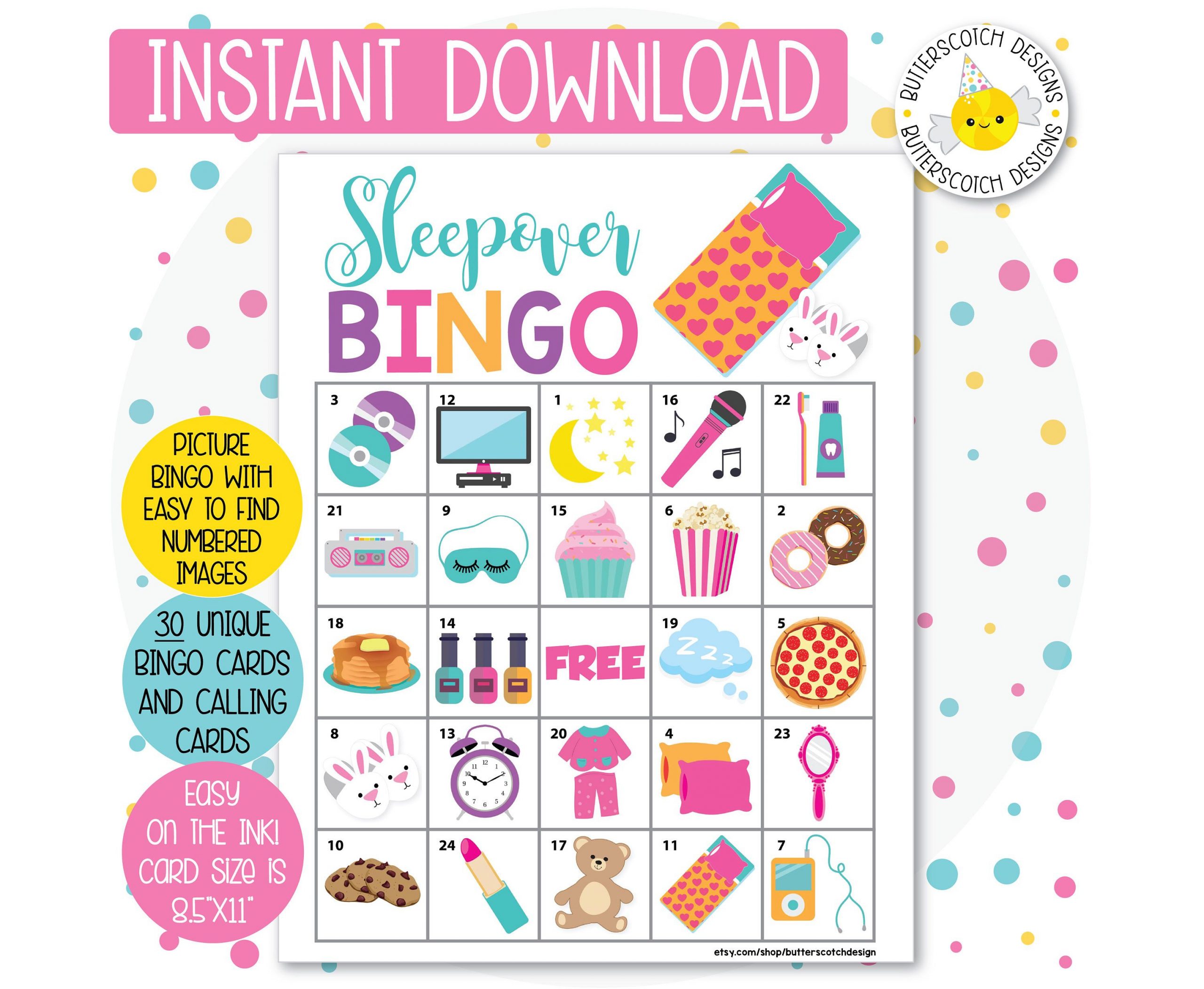 Sleepover / Slumber Party Printable Bingo Cards (30