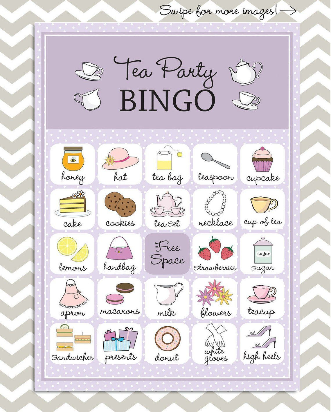 Tea Party Bingo In Purple, 20 Unique Game Cards, Printable