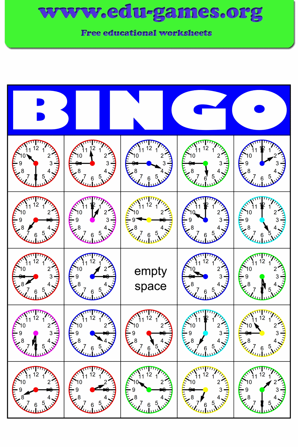 Telling Time Bingo Card Generator