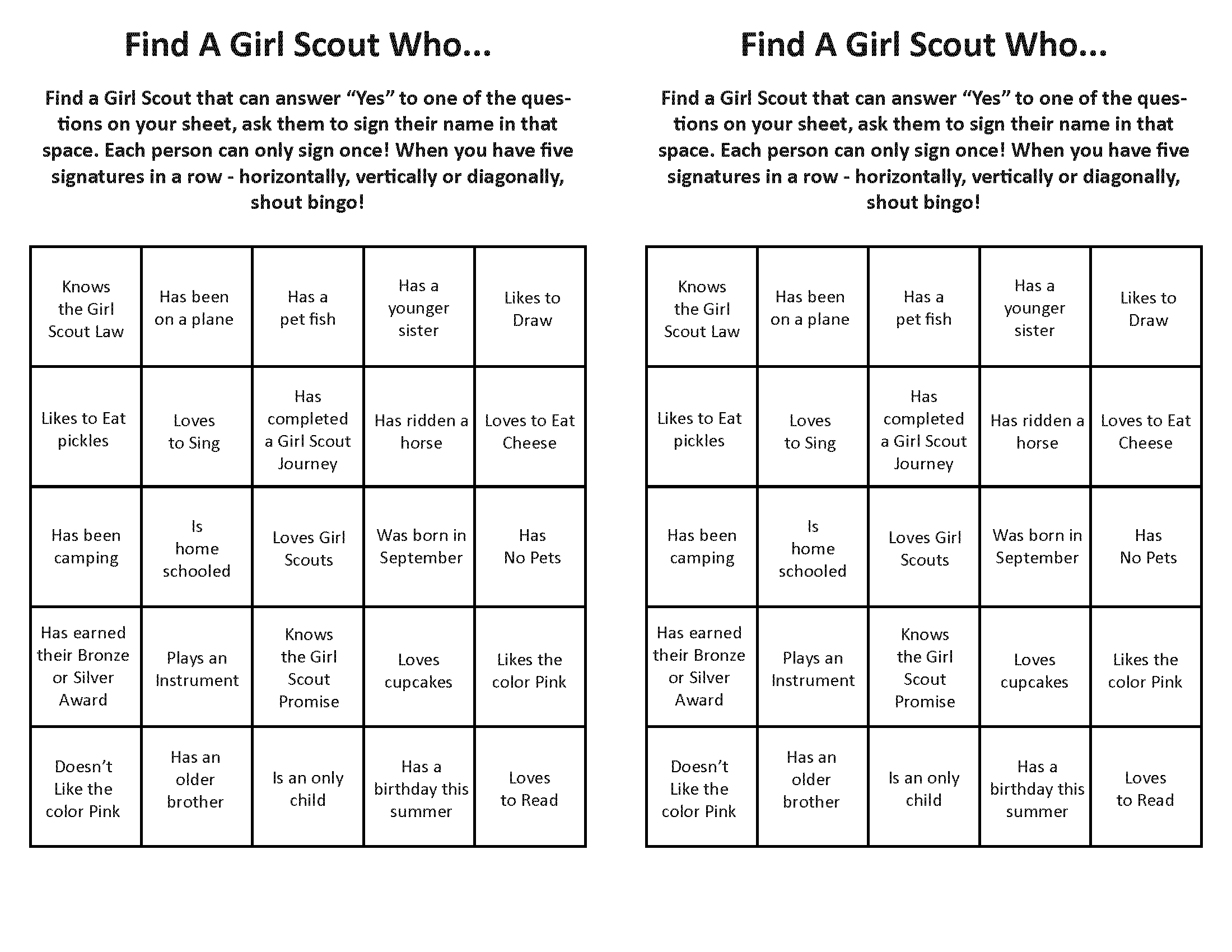 This Is A Girl Scout Bingo Ice Breaker Game That I Created