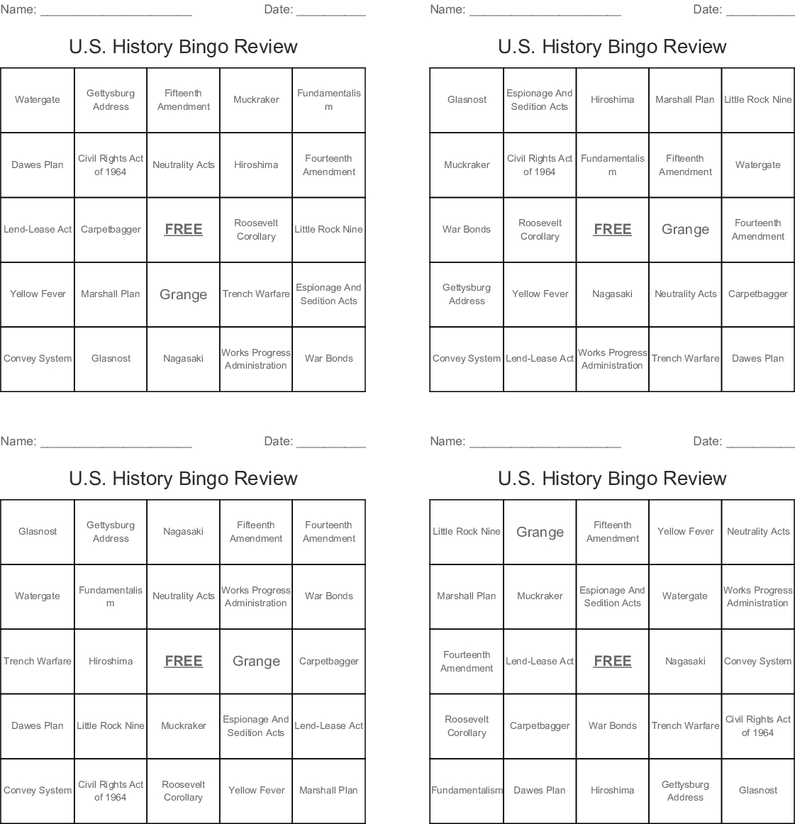 U.s. History Bingo Review - Wordmint