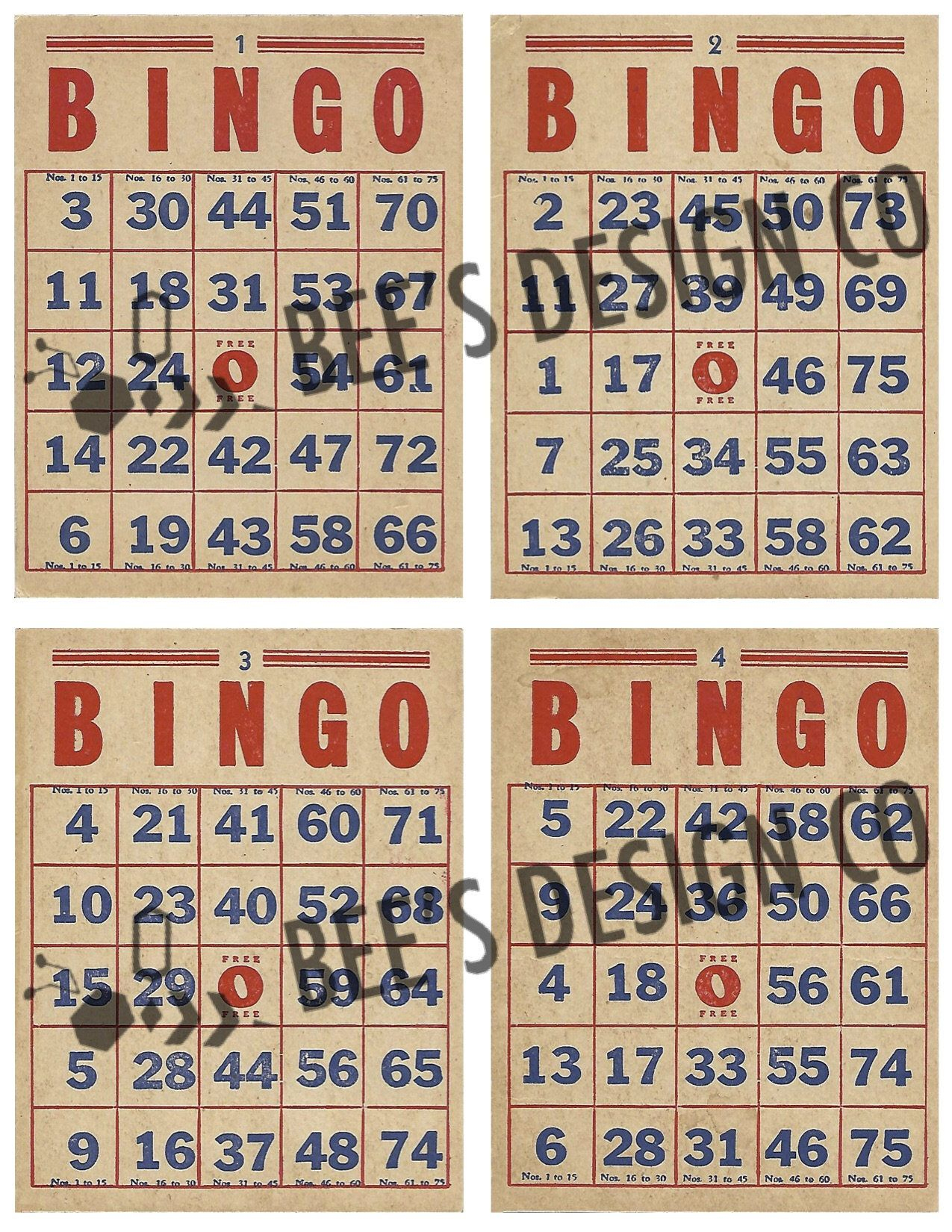 Vintage Bingo Cards/ Printable Downloadable/ Old Game