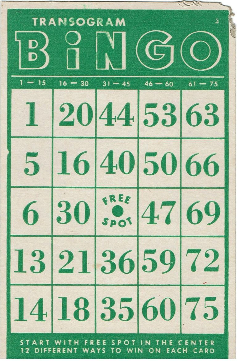 Vintage Transogram Bingo Card Green And Whiteassemblager | Printable ...