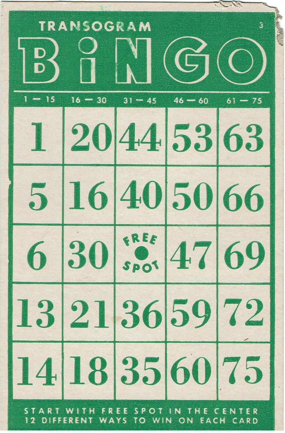 Vintage Transogram Bingo Card Green And Whiteassemblager