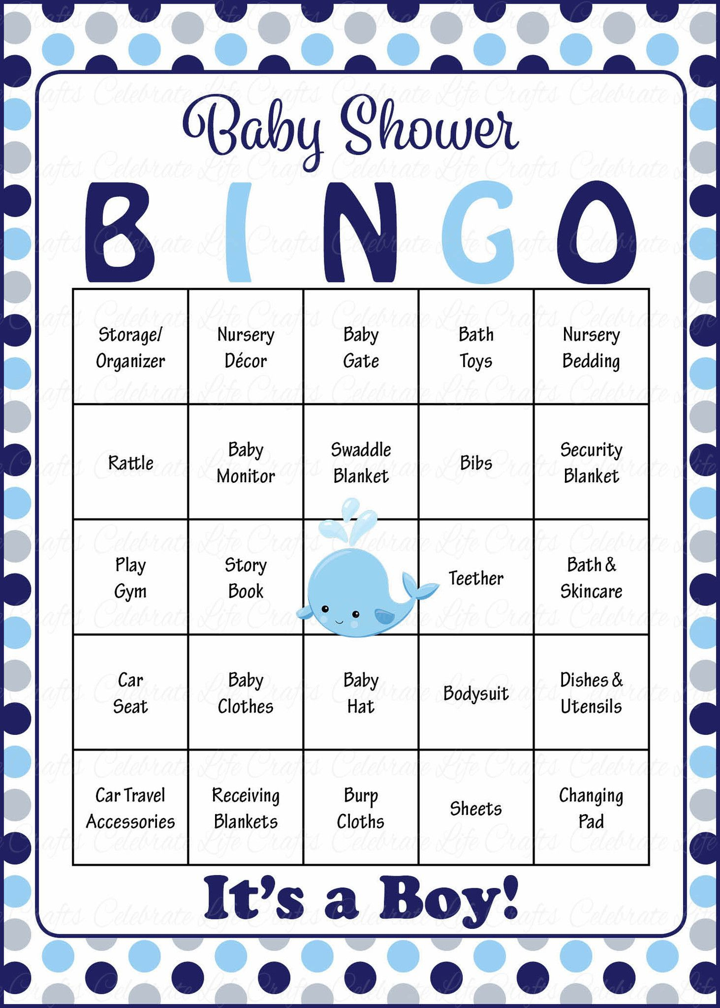 Whale Baby Bingo Cards - Printable Download - Prefilled