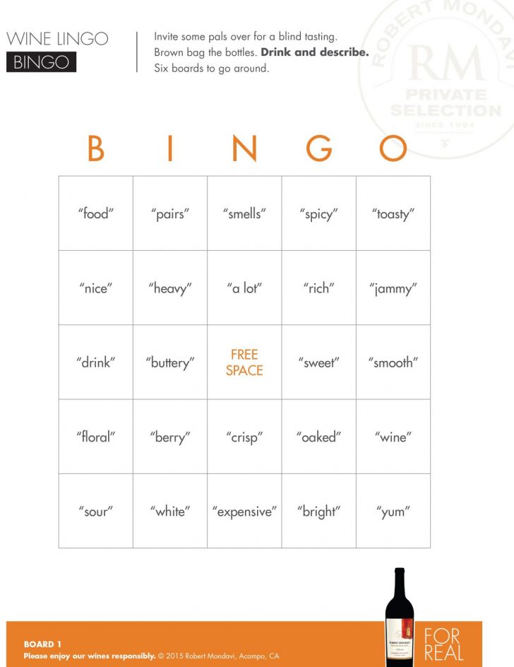 Wine Lingo Bingo Enjoy Robert Mondavi Private Selection's Printable